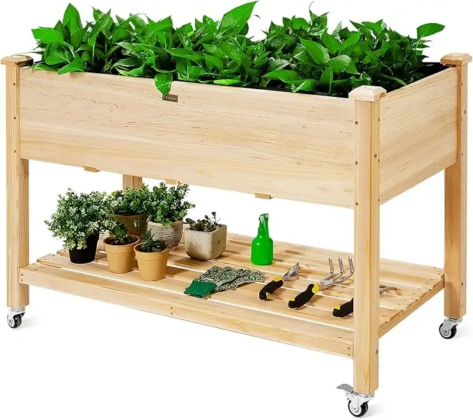 GOPLUS Jardinera con ruedas con estante